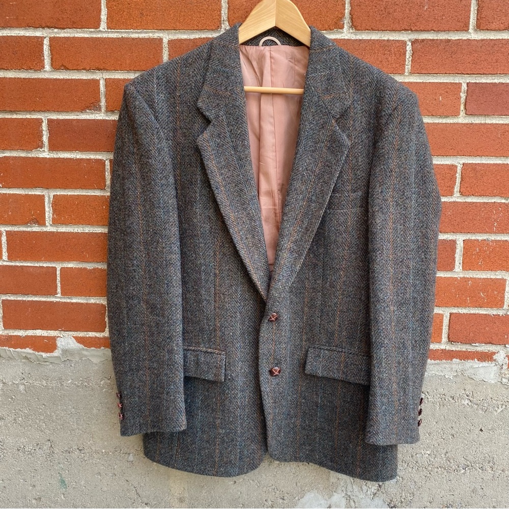 HARRIS TWEED HERRINGBONE WOOL SPORTS COAT BLAZER UNION MADE IN CANADA Men M-L